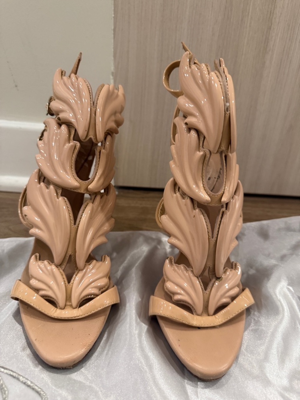 Giuseppe Zanotti Nude  Patent Leather Leaf-Strap High Heels- 36